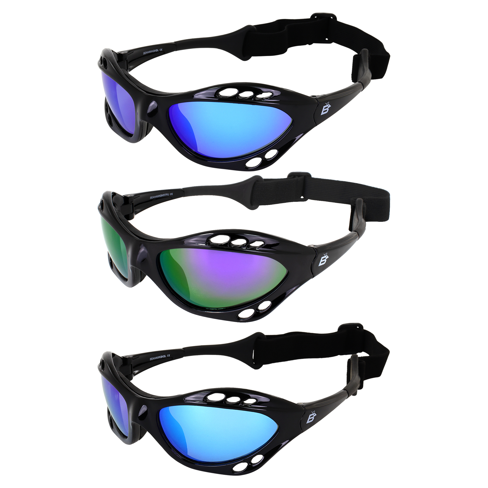 3 Pairs Birdz Seahawk Polarized Sunglasses Black w/Blue Purple Green Mirror Lens