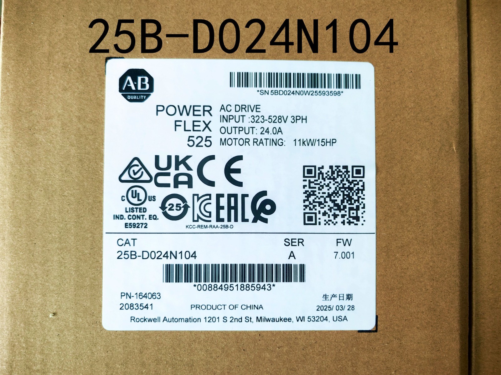2025 New Allen-Bradley 25B-D024N104 PowerFlex 525 11kW 15Hp AC Drive