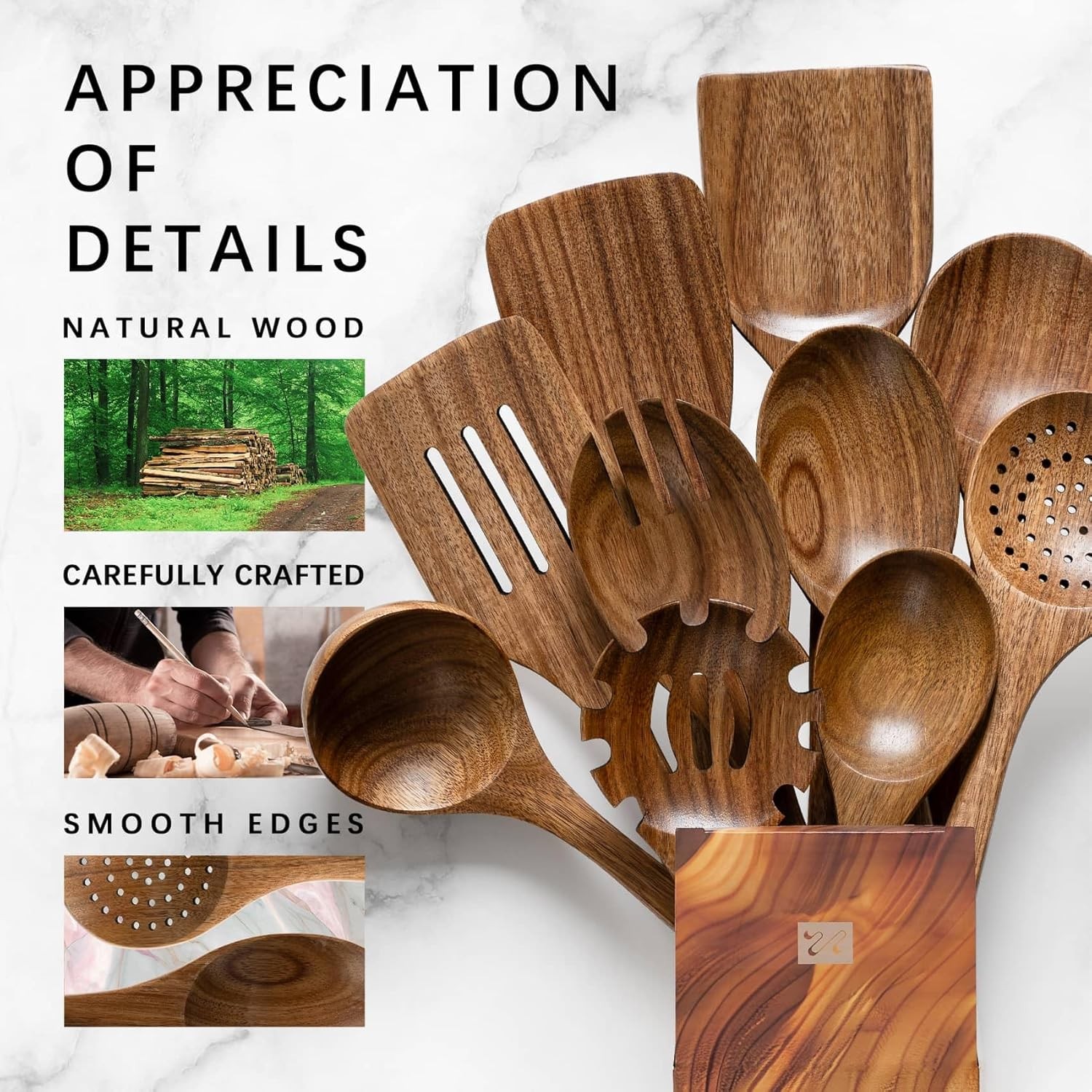10 Pack Acacia Wooden Cooking Utensils Nonstick Safe Spoons & Spatulas Set