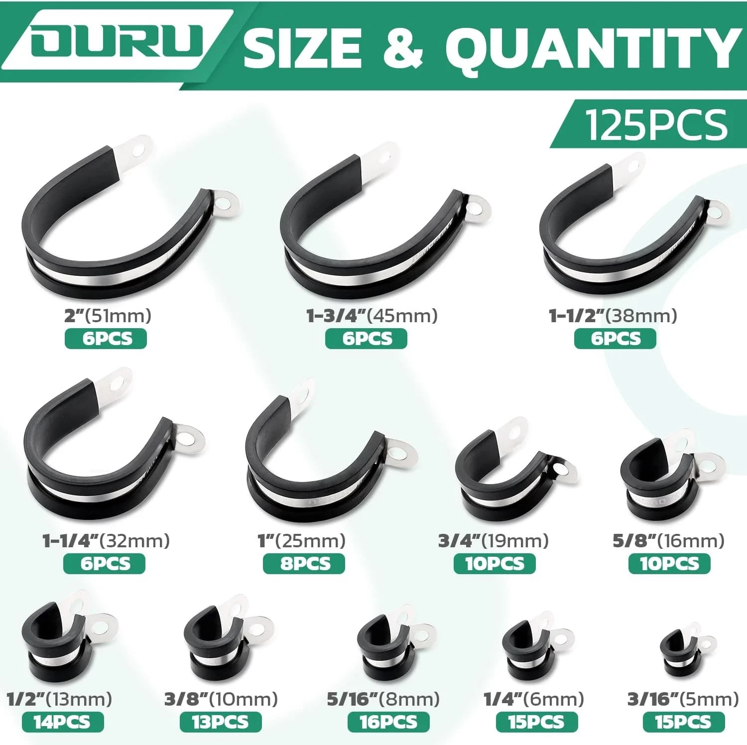 125PCS Stainless Steel Rubber Coated Cable Clamps Assortment Kit – 12 Sizes