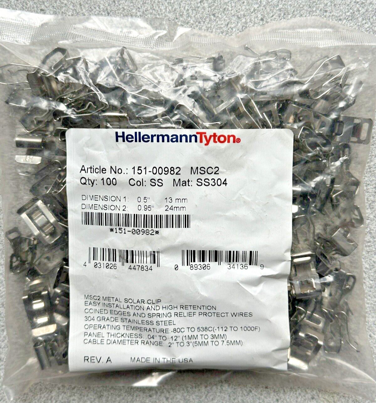 New Sealed Bag of 100 Hellermann Tyton MSC2 304 Stainless Solar Clips 151-00982