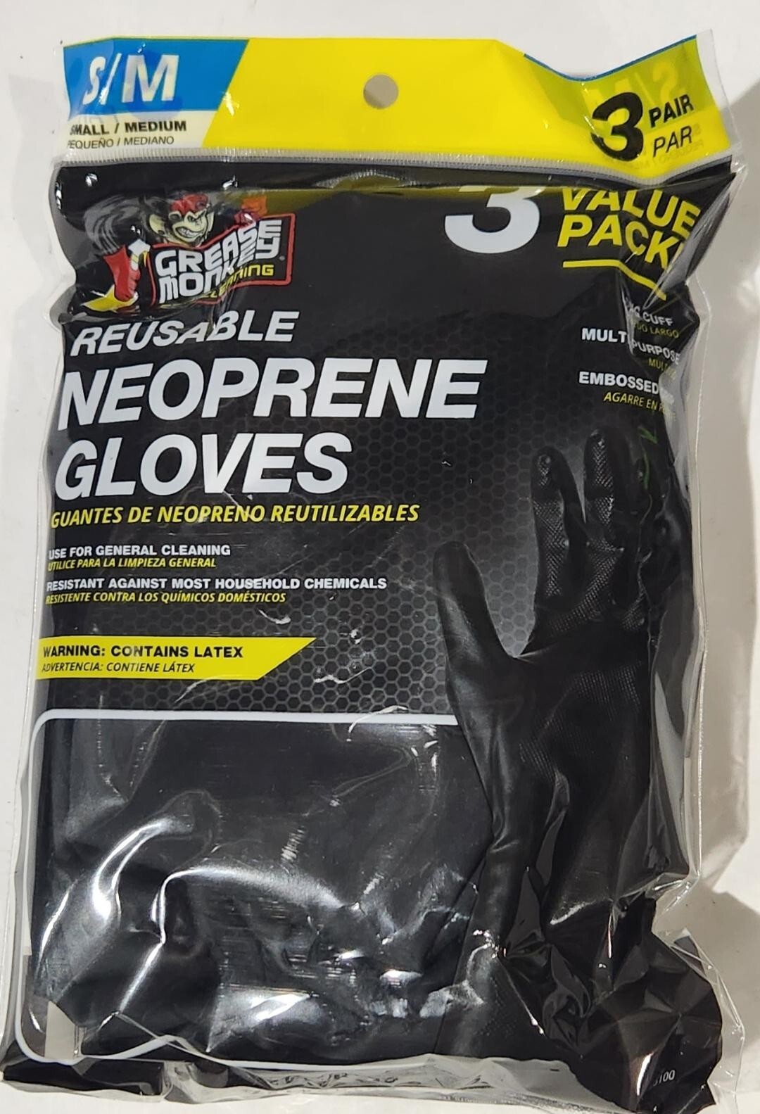 Grease Monkey Pro Cleaning Long Cuff Neoprene Gloves S/M. 12 bags, 36 pair.