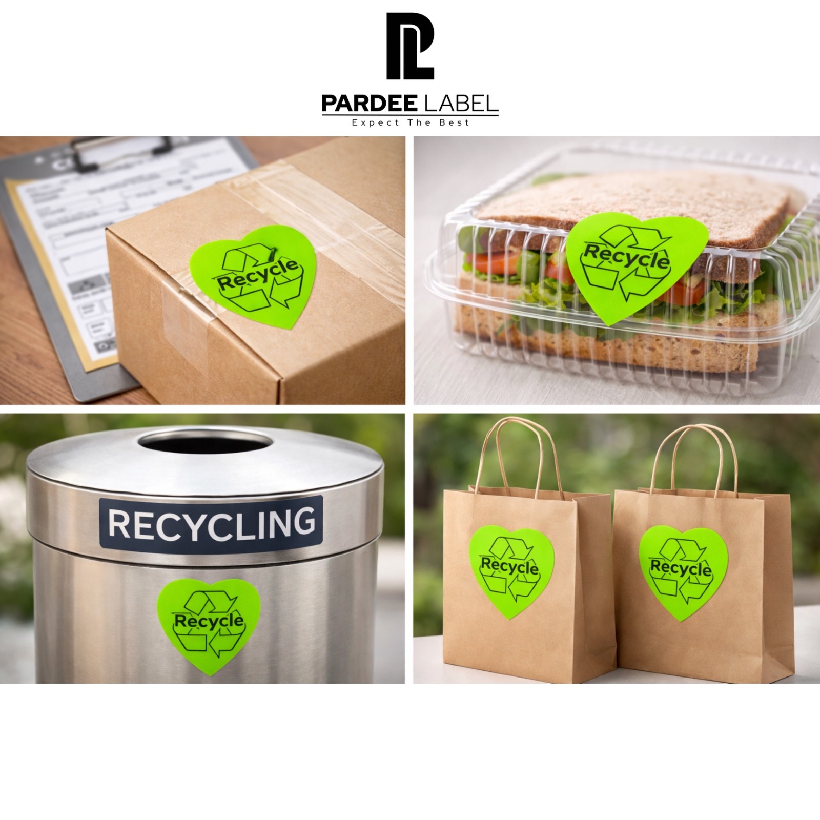 Heart Recycle Stickers Neon Green 1-3/4” 250 Labels per Roll