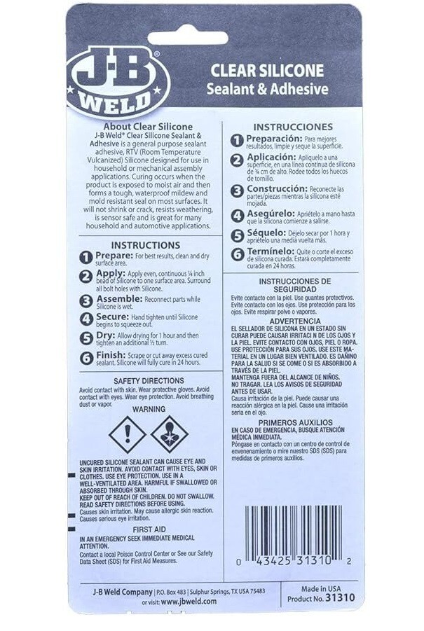 JB Weld 31310 Clear RTV Acetoxy Silicone Sealant – 3 Oz.