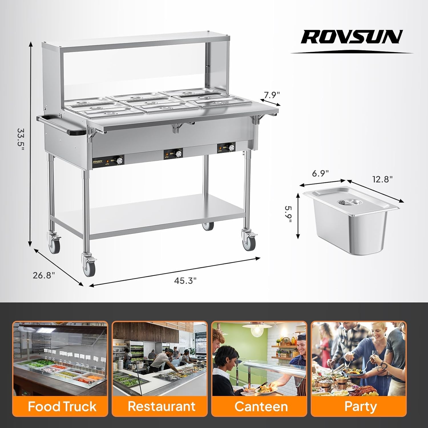 ROVSUN 72QT Electric Commercial Food Warmer 1500W, 9-Pan Steam Table 8QT/Pan