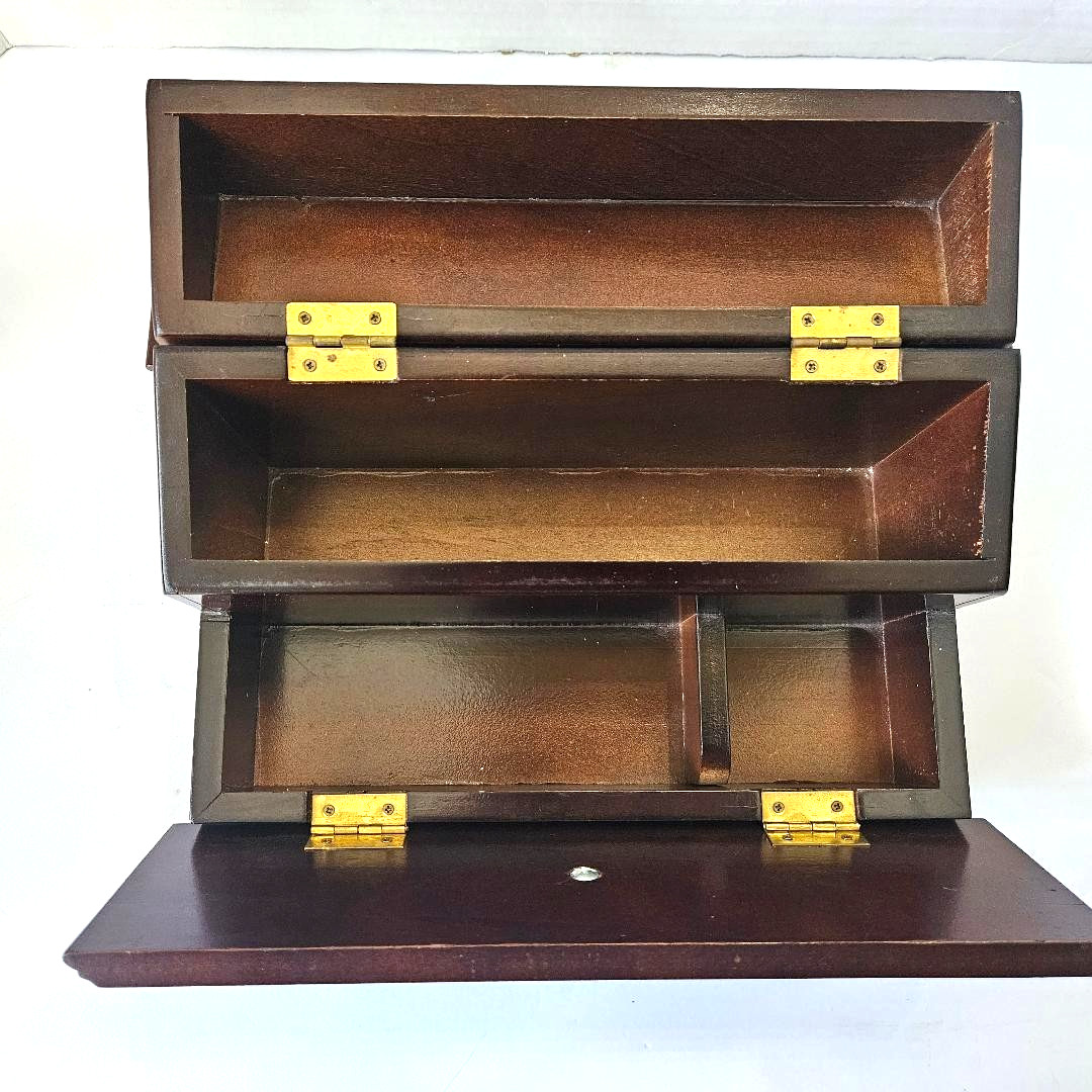 Vtg 5.5″ Tall, 10″ Long, 6″ Deep, Mahogany Wood Box Desk Organizer w/Hinged Lids