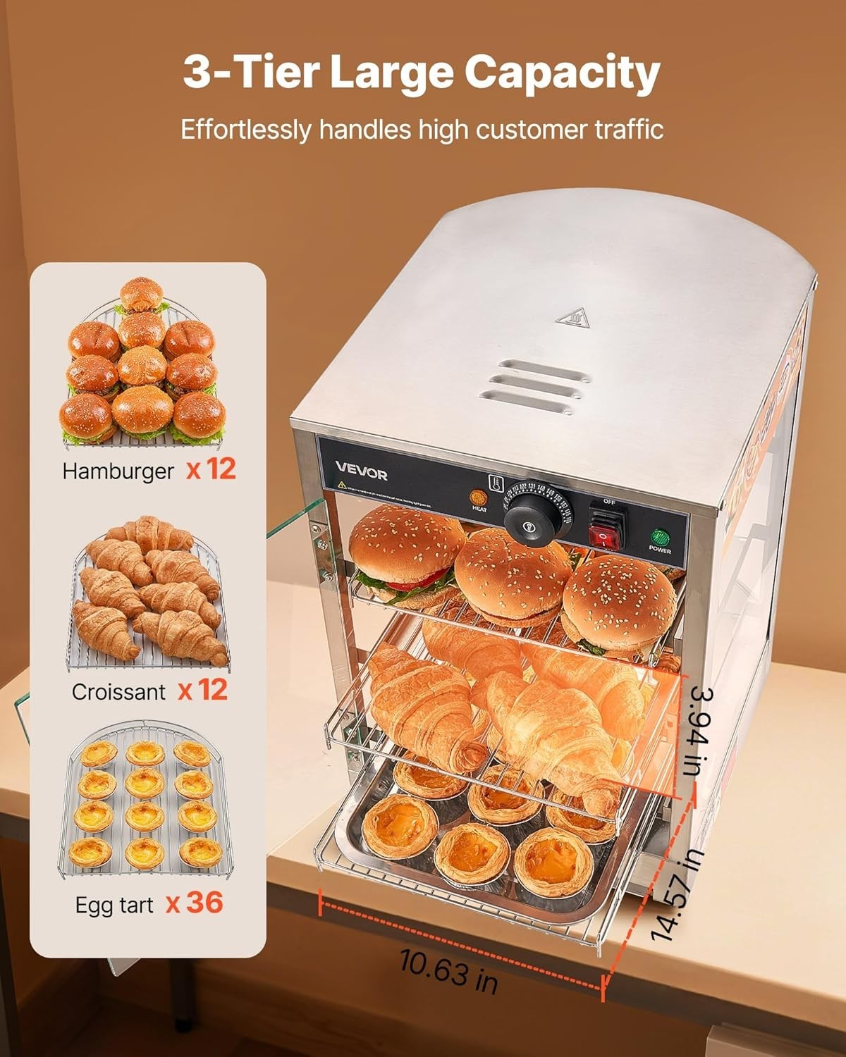 3-Tier Commercial Food Warmer Display, 800W Food Display Warmer with LED Ligh…