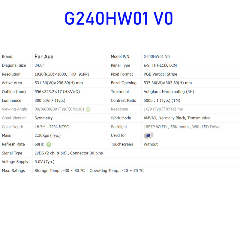 G240HW01 V0 24.0 Inch LCD Display Screen Panel Original for Auo Brand New
