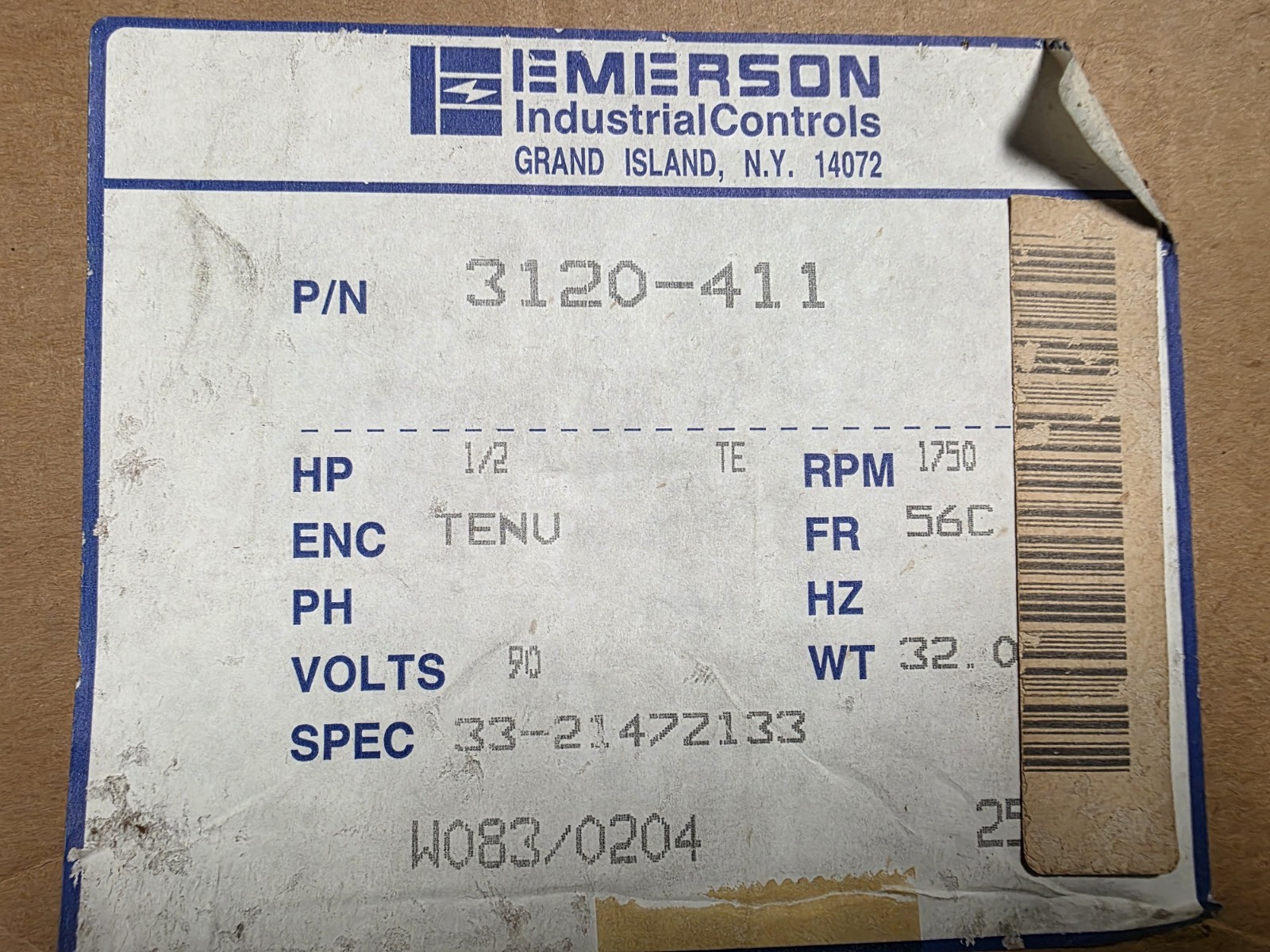 Baldor / Emerson Cat. 3120-411 1/2 Hp. DC Electric Motor 56C Fr. 90 V. 1750 rpm