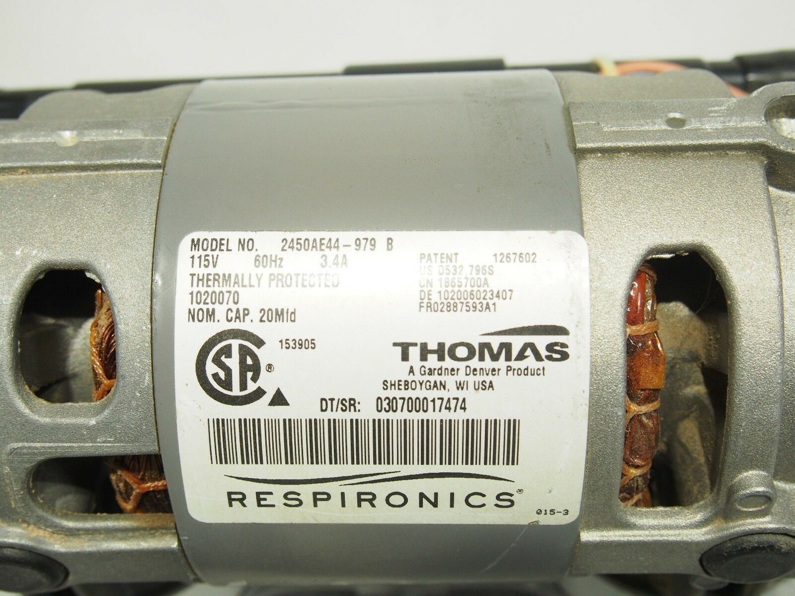 Thomas 2450AE Fasco KS67050 Vacuum Air Compressor Pump 20-27 In Hg 60-100 Psi