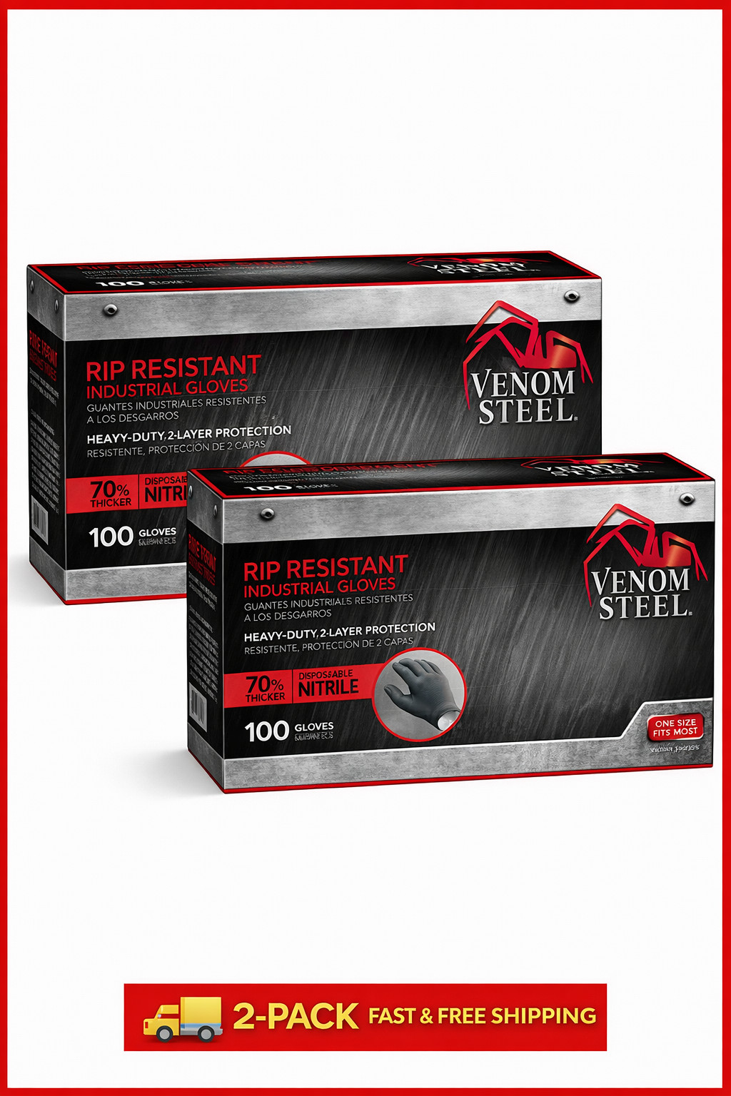2 Pack VENOM STEEL Nitrile Gloves Rip Resistant Size Fits Most 100 CT