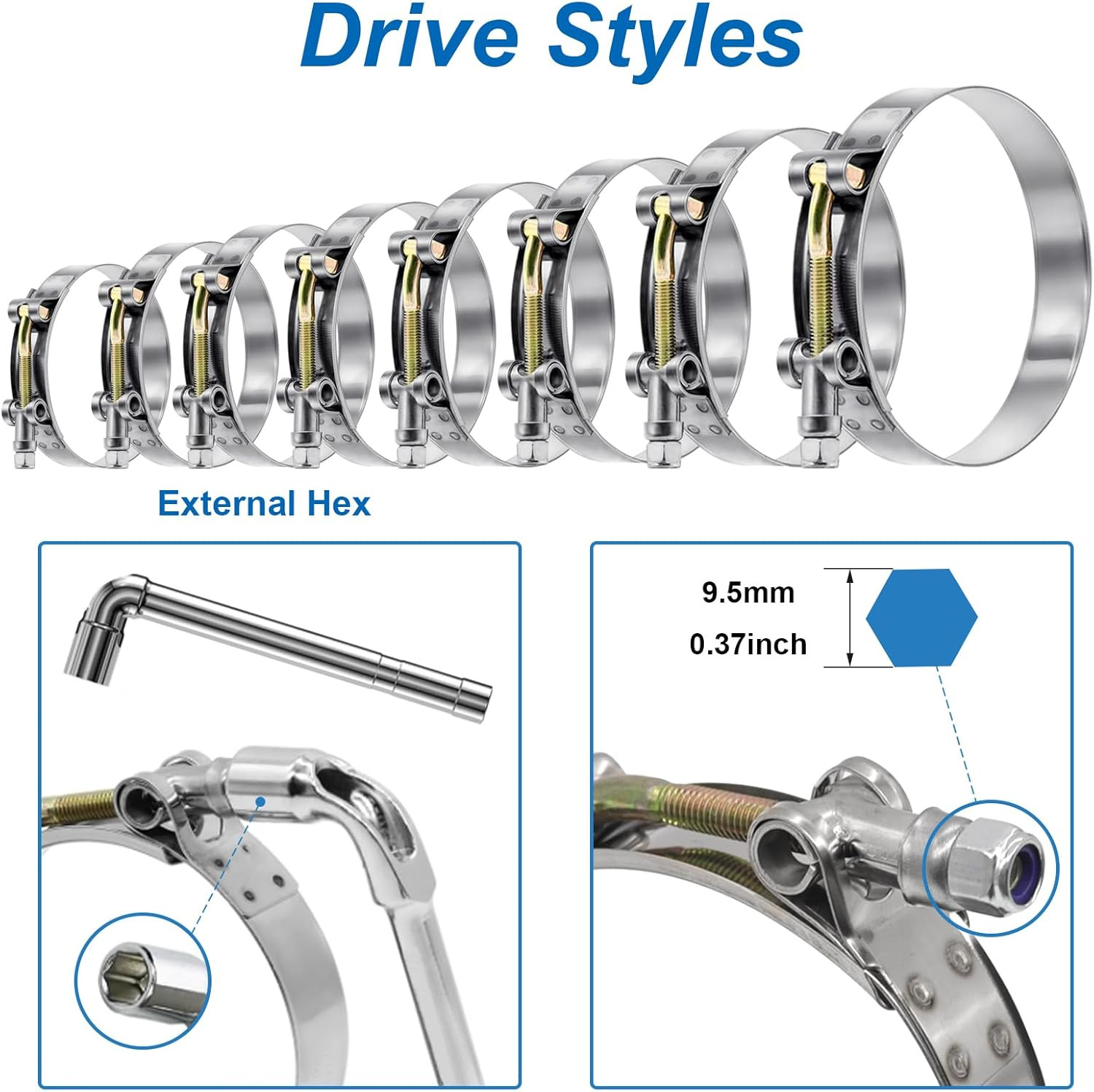 16Pcs 8 Sizes T-Bolt Hose Clamps, 304 Stainless Steel Heavy Duty Hose Clamp Asso