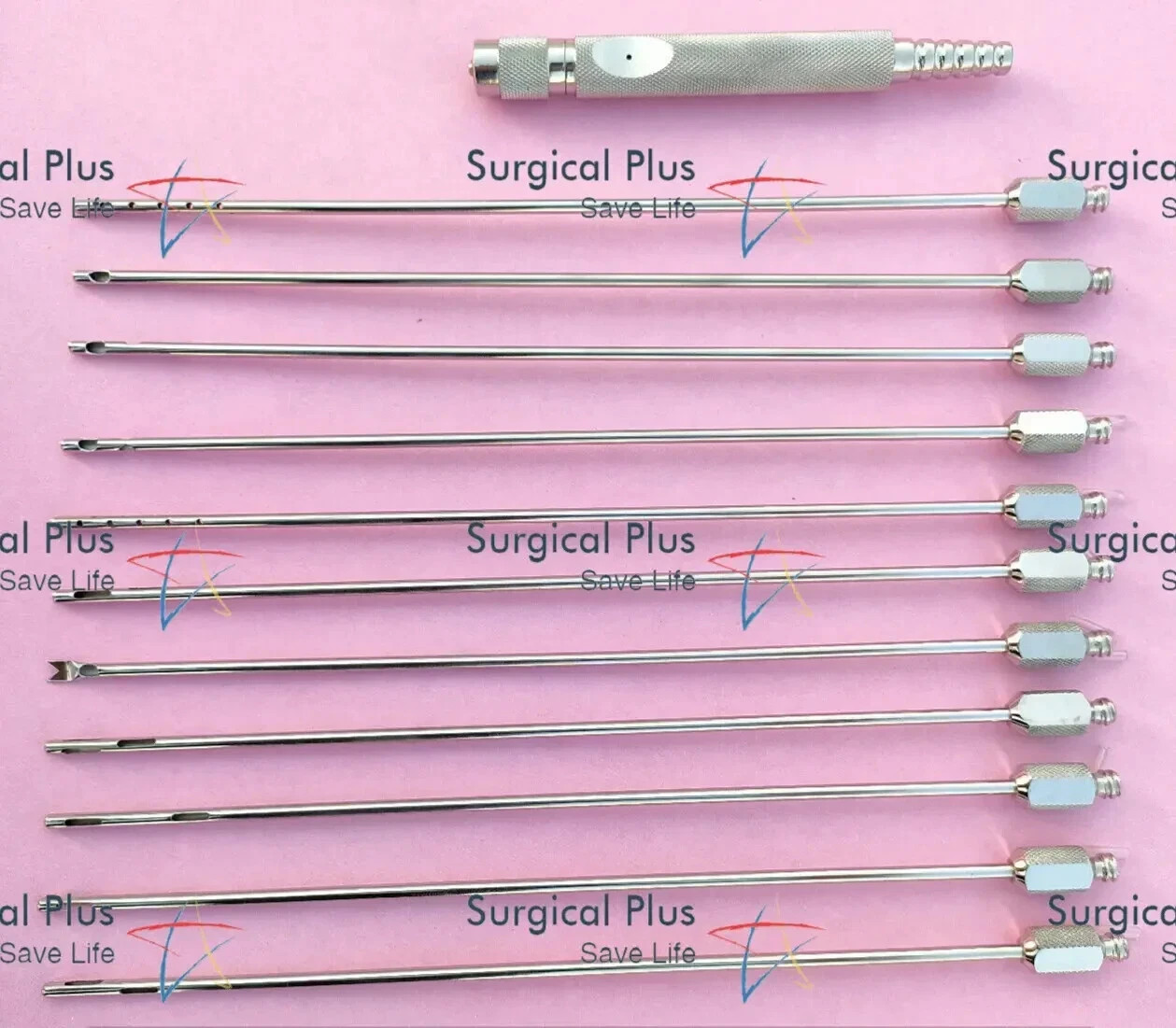 Liposuction Luer Lock Set of 11 Pcs 4mmx25cm & Handle Plastic Cosmetic Surgery