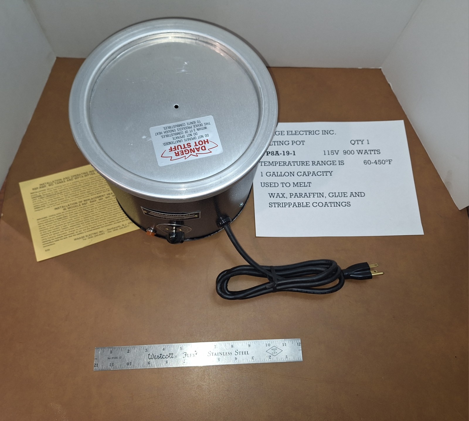 WAAGE MELTING POT WP8A-19-1 NEW IN BOX – 900 W 115V 60-450°F TEMP RANGE 1 GAL