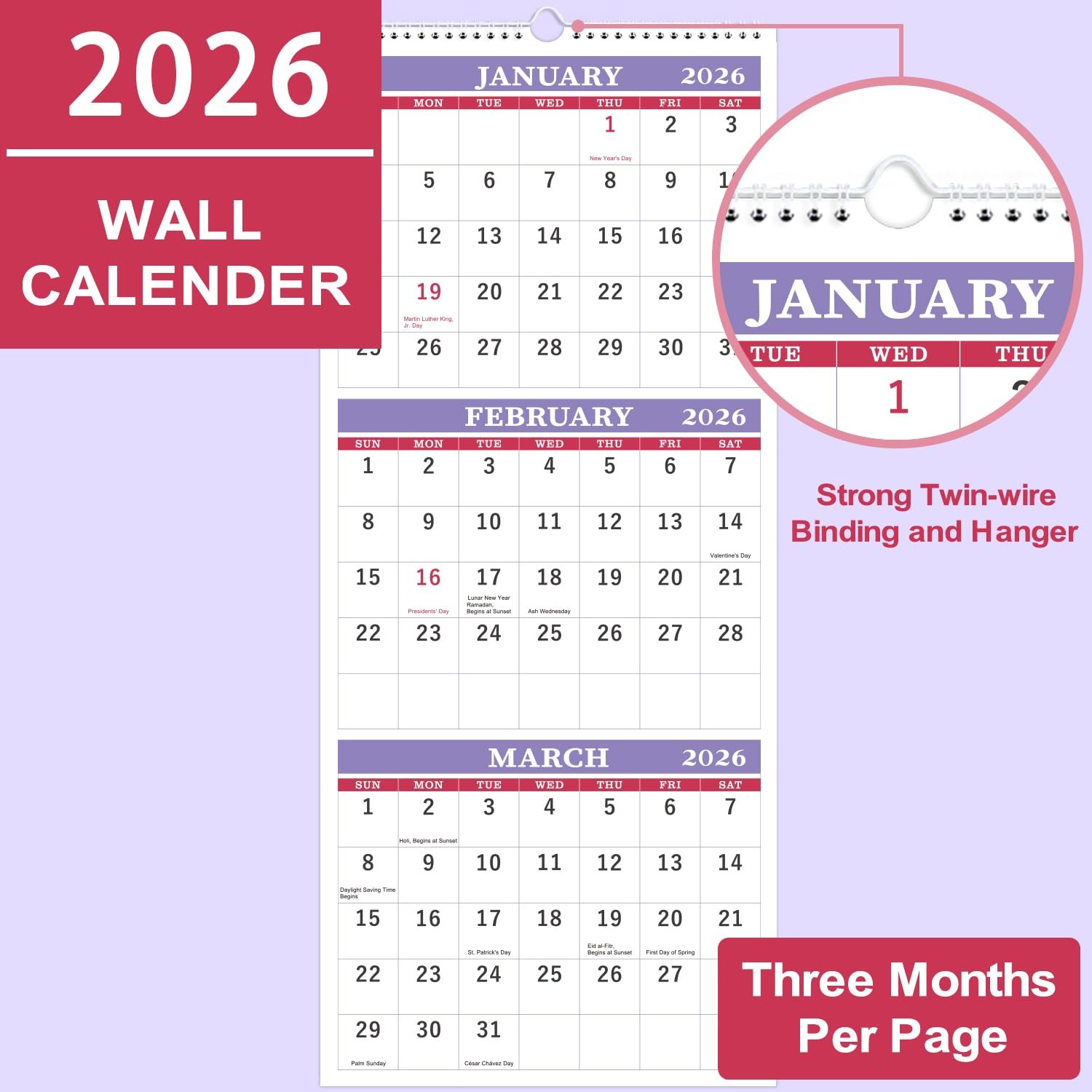 2026 Wall Calendar – 3 Month 2026 Display 3 Month, Purple