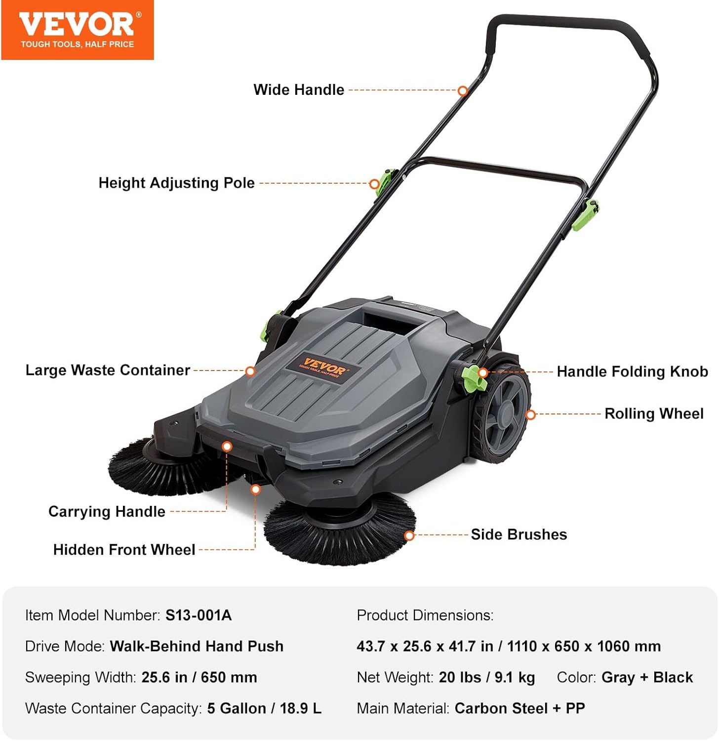 Walk-Behind Hand Push Floor Sweeper, 25.6″ Sweeping Width Floor Sweeper Manua…