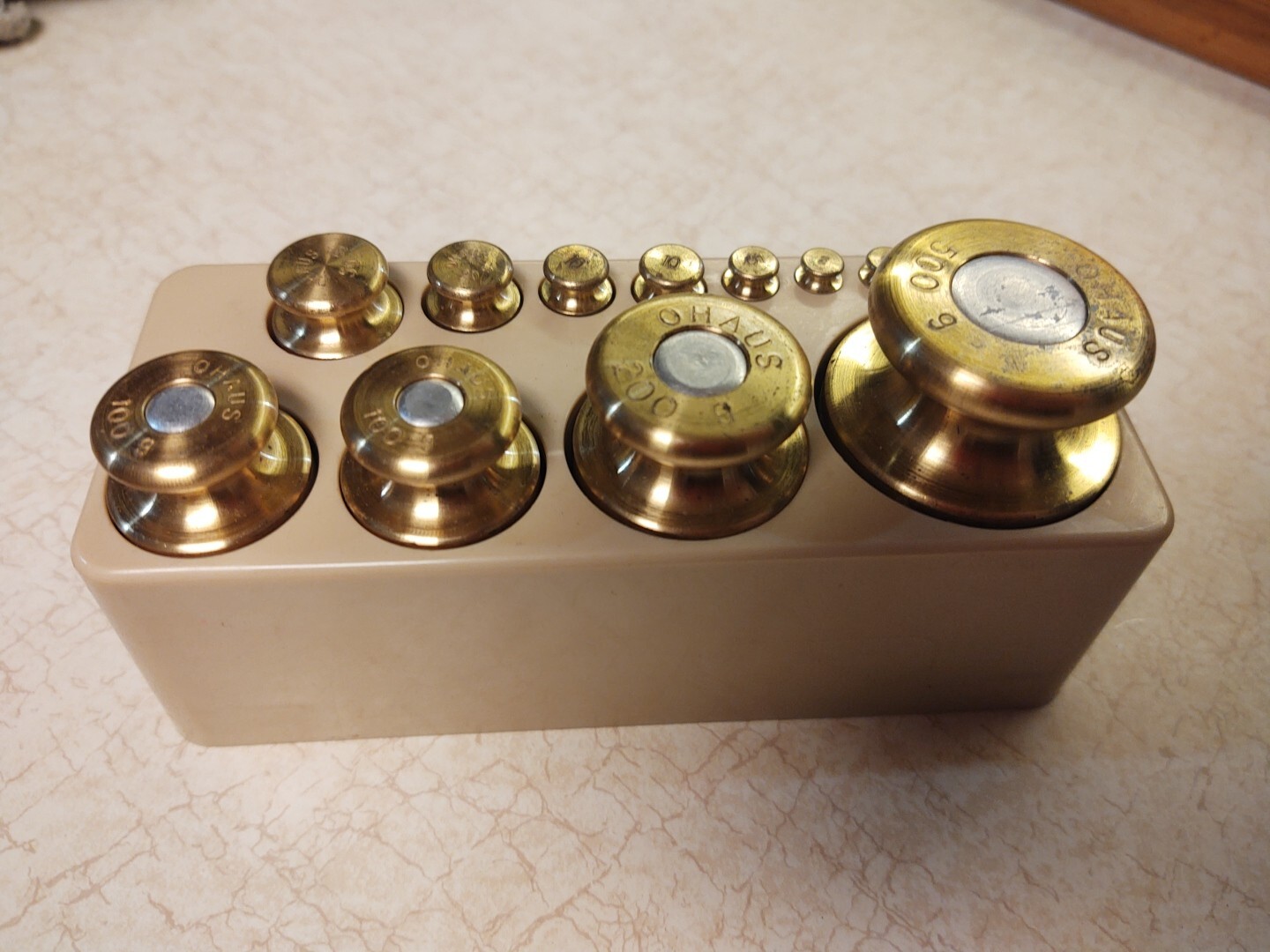 Vintage 12 Piece Ohaus Pharmaceutical Brass Calibration Weight And Plastic Case
