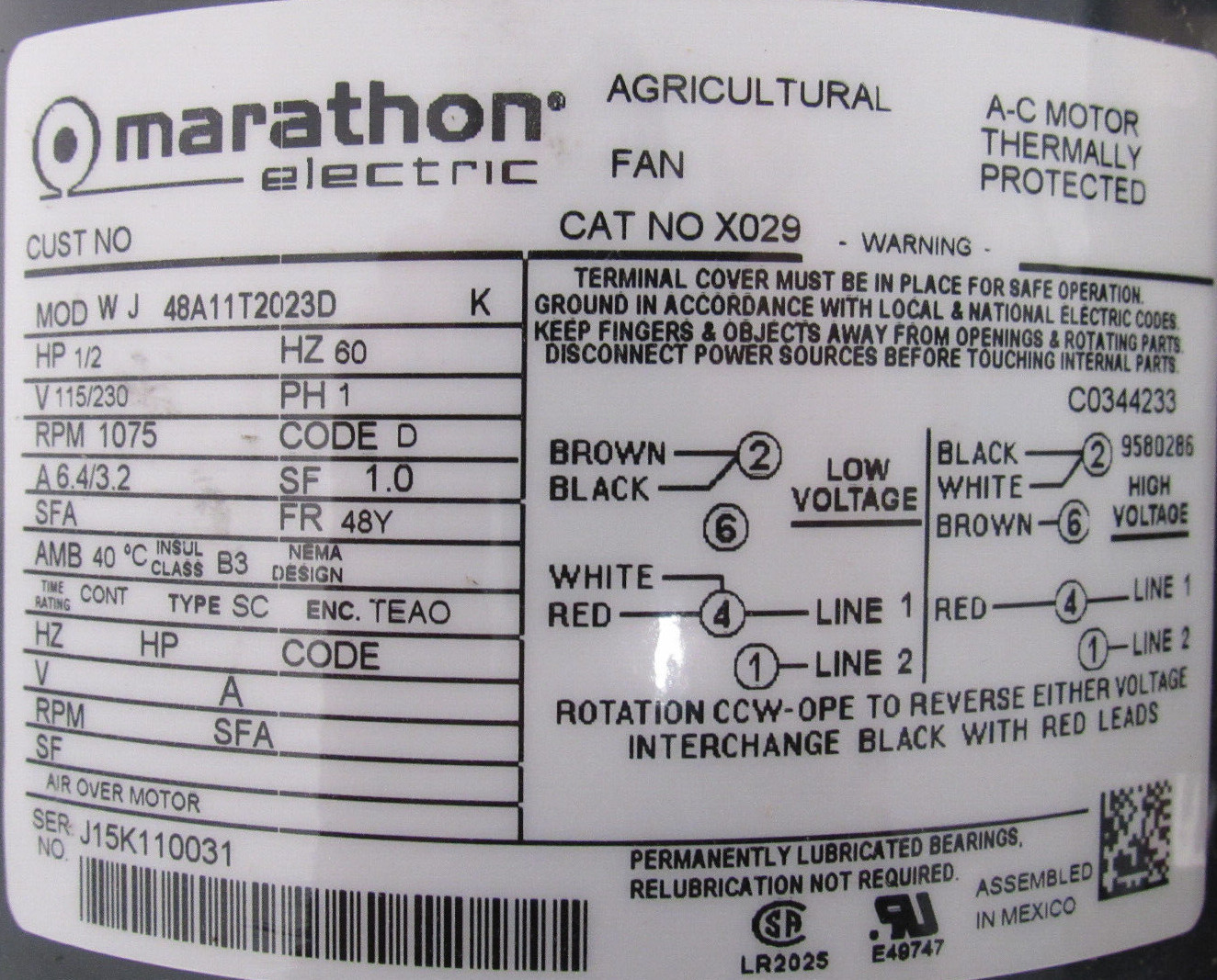 NEW MARATHON X029 MOTOR 1/2HP 1075RPM 115/230V 048A11T2023