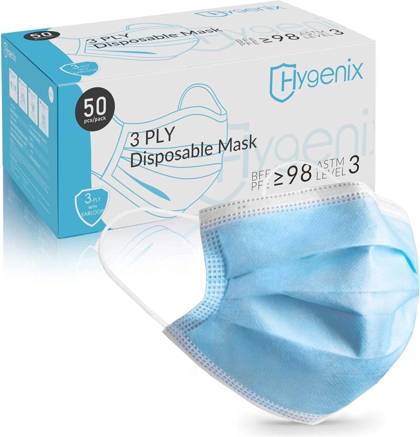 3-Ply Ear Loop Face Masks for Adults – 50 Count, High Filtration, Made in USA