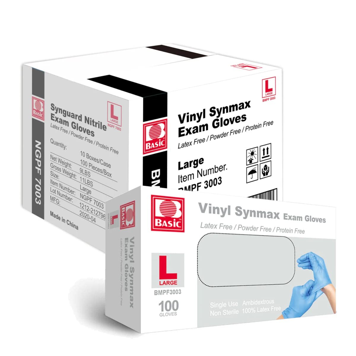 Basic Medical Synmax Vinyl Exam Gloves – Latex-Free & Powder-Free – Large,