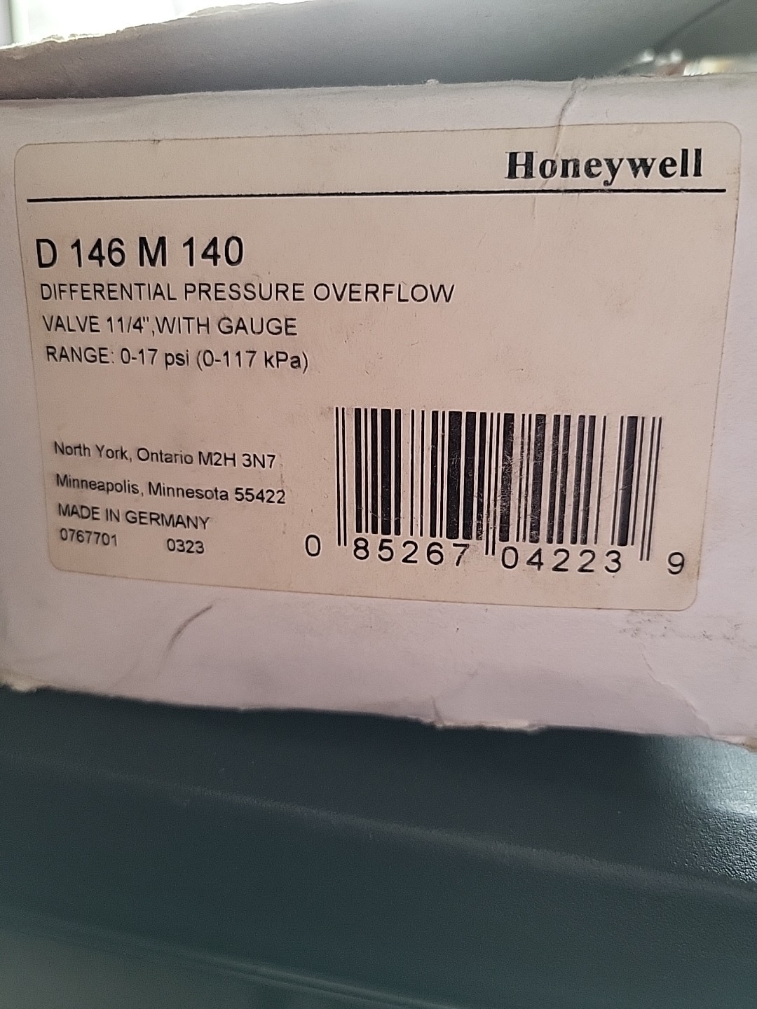 Honeywell Home D146m1040 Diff Pressure Overflow Valve-Na Version NOS