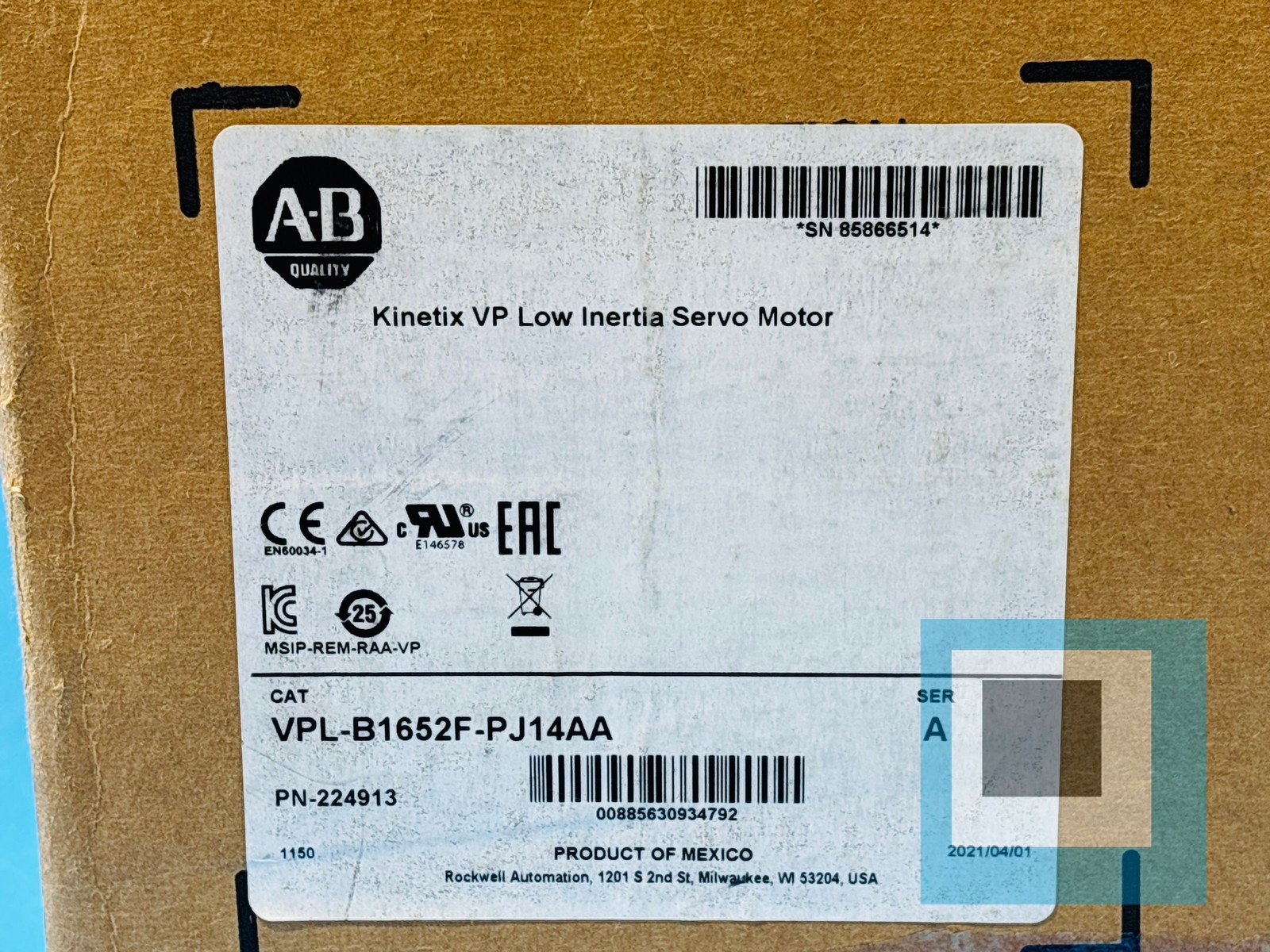 Allen-Bradley VPL-B1652F-PJ14AA Kinetix VP Low Inertia Servo Motor – NEW SEALED