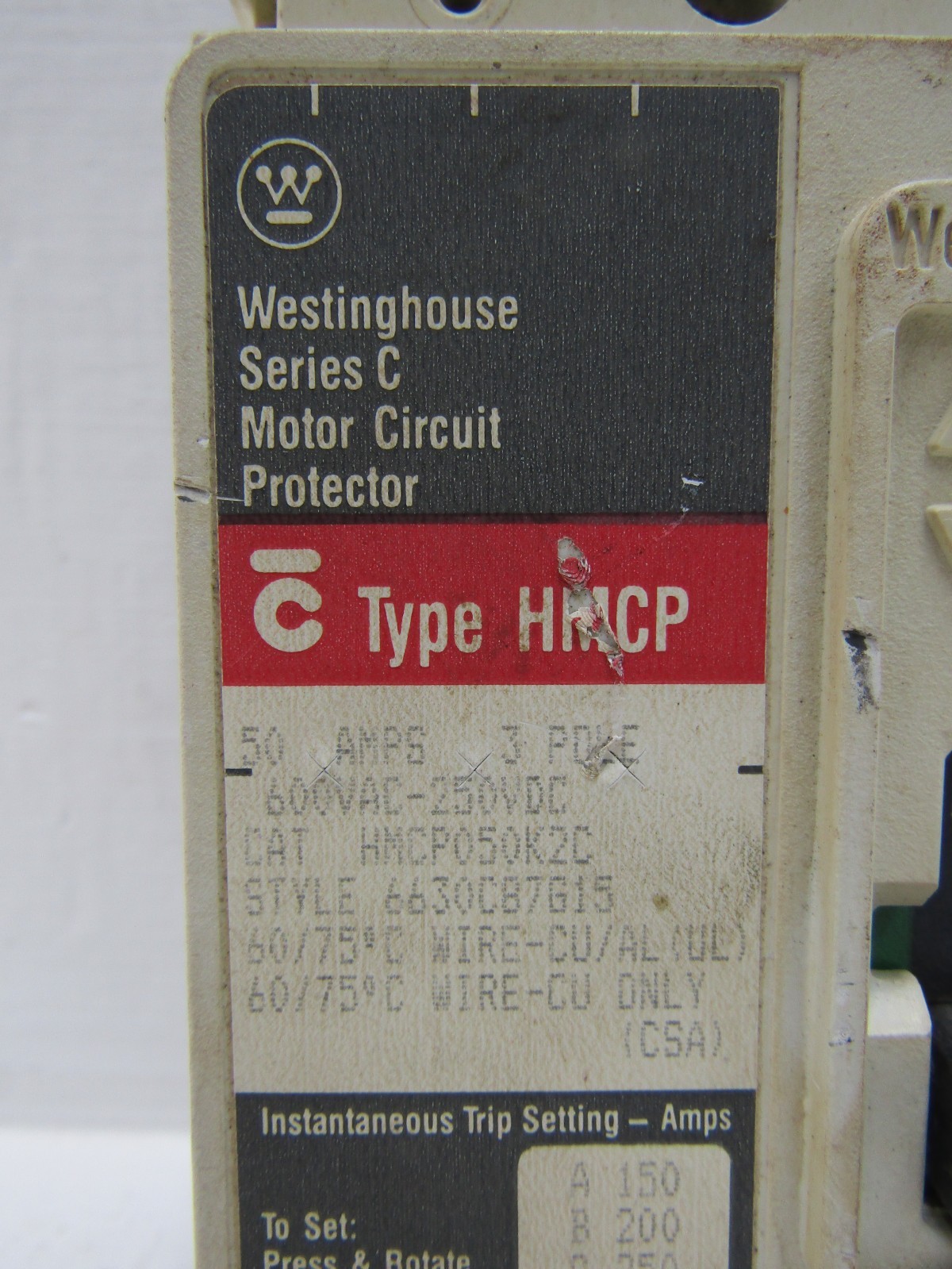 Westinghouse HMCP050K2C 50 Amp 600V 3-Pole Circuit Breaker 50A HMCP Series C