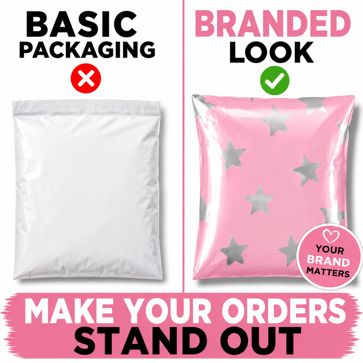 Silver Stars Pink Poly Mailers 10×13 Designer Shipping Bags Cute