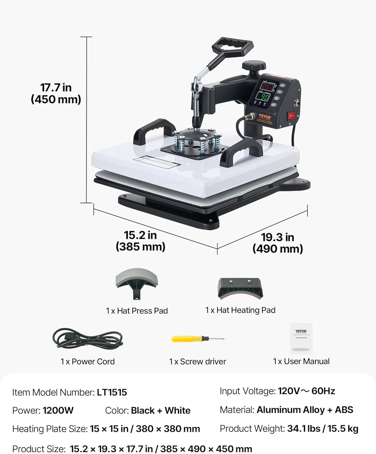 Heat Press Machine, 15 X 15 In, 2-In-1 Multifunction, 360° Swing Away, 1200W Dou