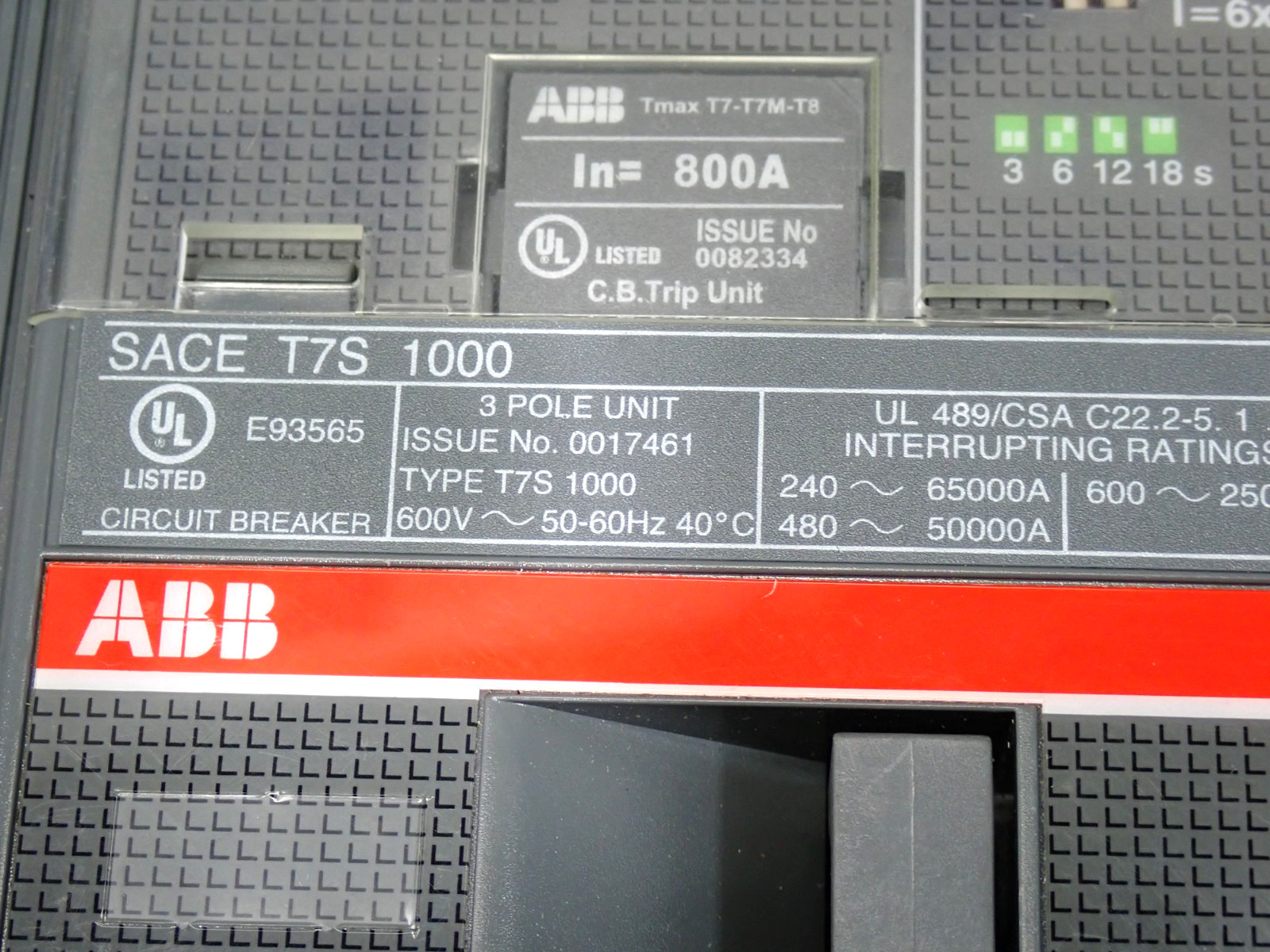 ABB T7S1000 T7S800 1000A 600V Frame Breaker 800A Rating Plug PR232/P LSI Trip