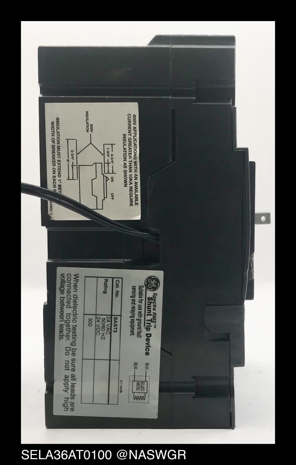 GE Spectra RMS SELA36AT0100 Circuit Breaker w/ 24v Shunt Trip ~ 100 Amp – Tested