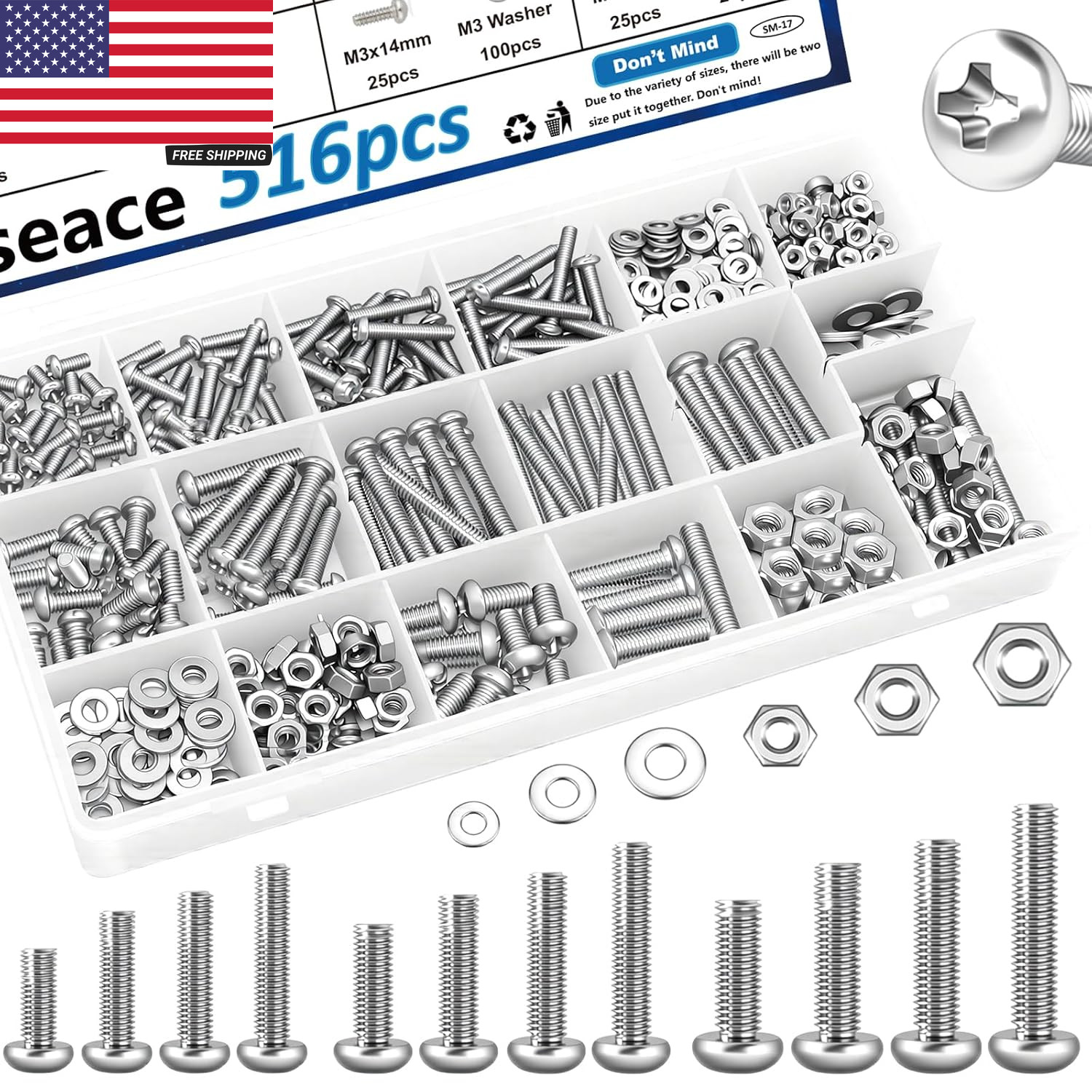 516Pcs Nuts and Bolts Assortment Kit 21-Sizes M3/M4/M5/M6 Nut Bolt Washer Assort