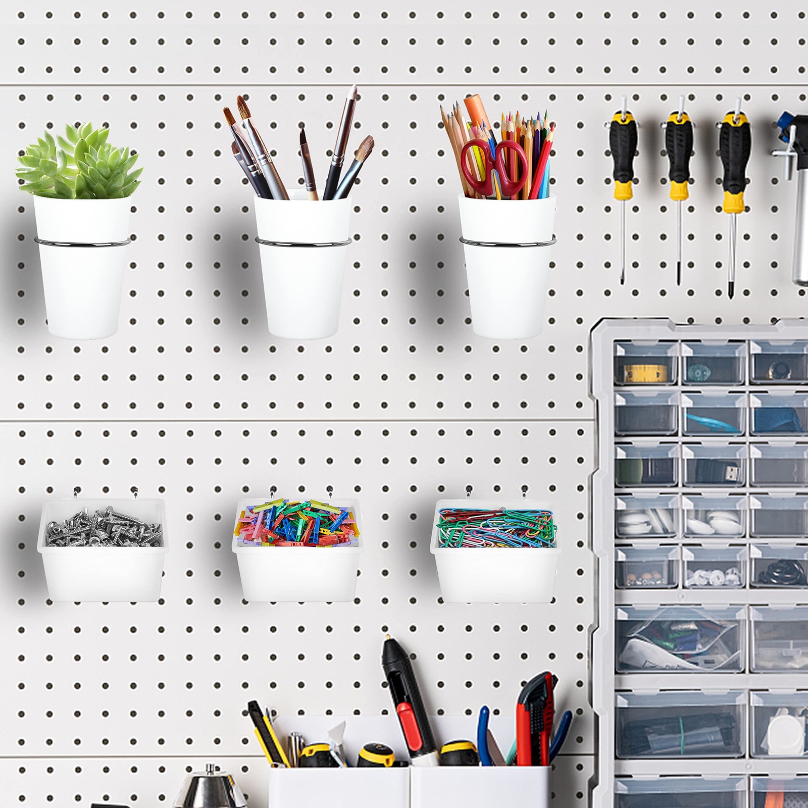 6 PCS White Pegboard Bins Cups With Hooks Loops Accessory Storage Organizer