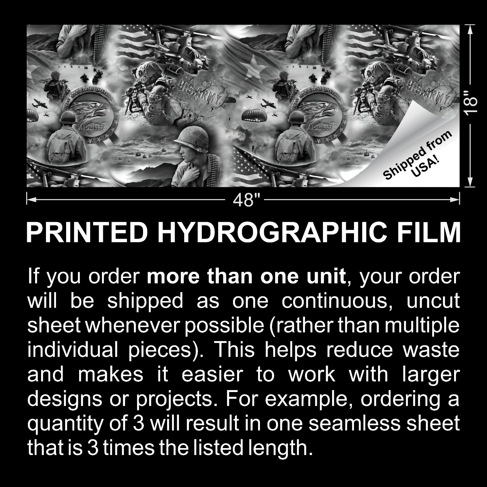 Army Memorial 24 – 18″x46″ Hydrographic Film Hydro Dipping Dip Water Transfer