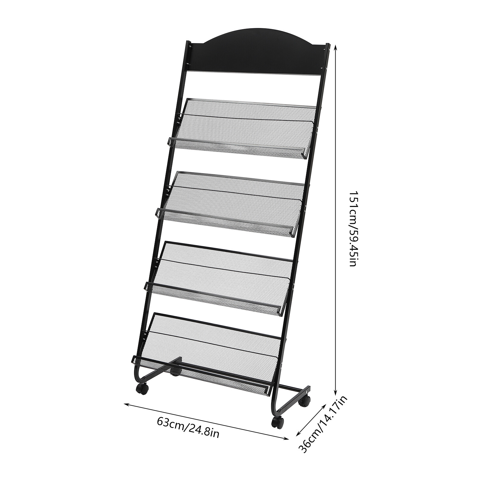 4-Tier Metal Wheeled Magazine Book Rack Newspaper Brochure Storage Display Stand