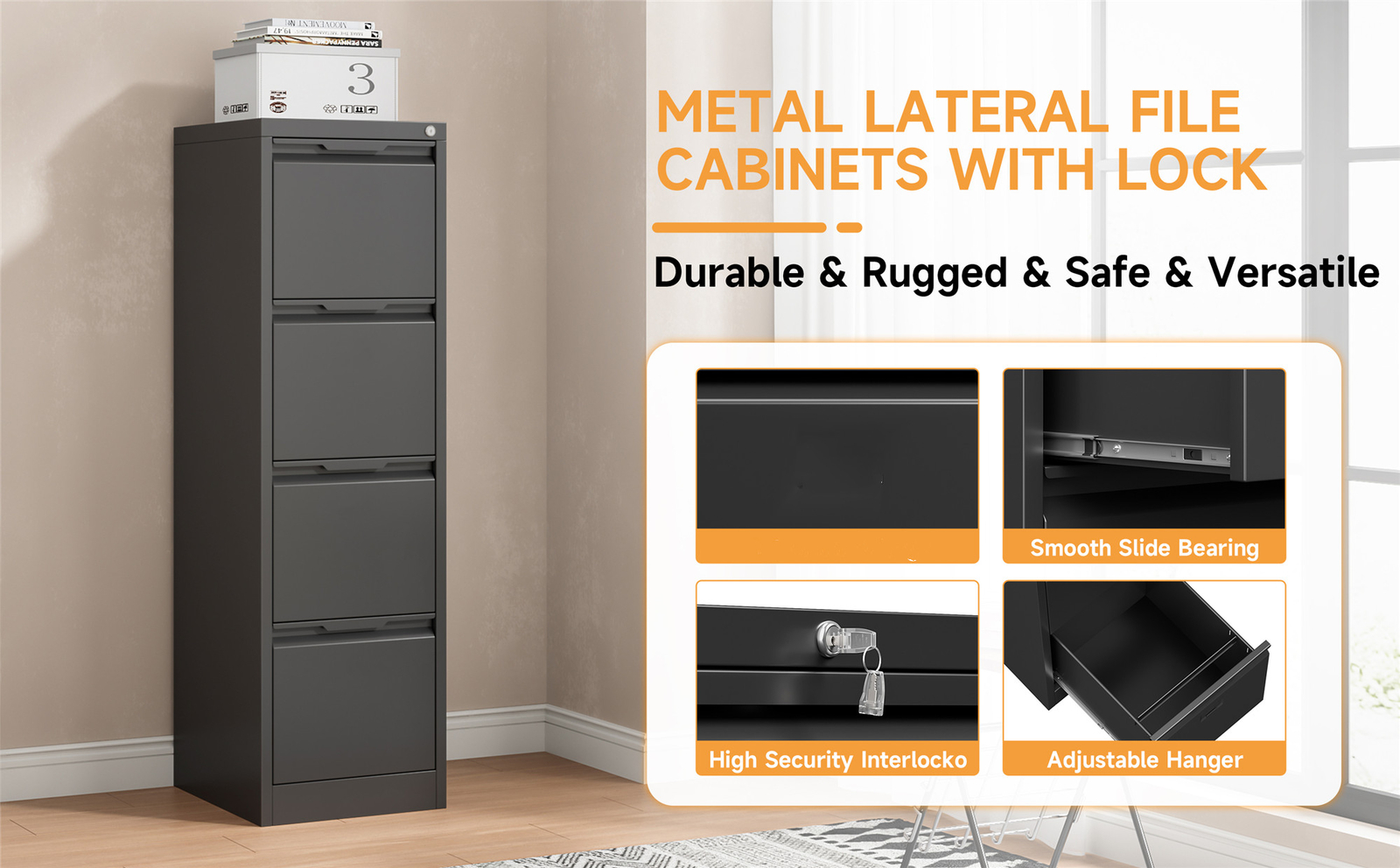 4 Drawer File Cabinet with Lock Metal Vertical Filing Cabinet for Home Office