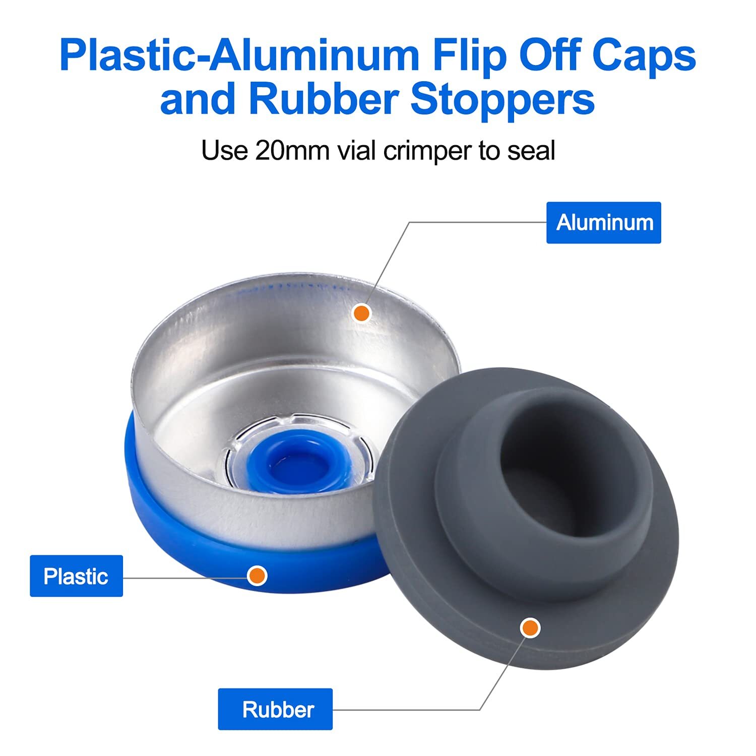 1000Pcs 10ml Vials Glass Clear w/ Plastic-Aluminum Caps and Rubber Stoppers USA
