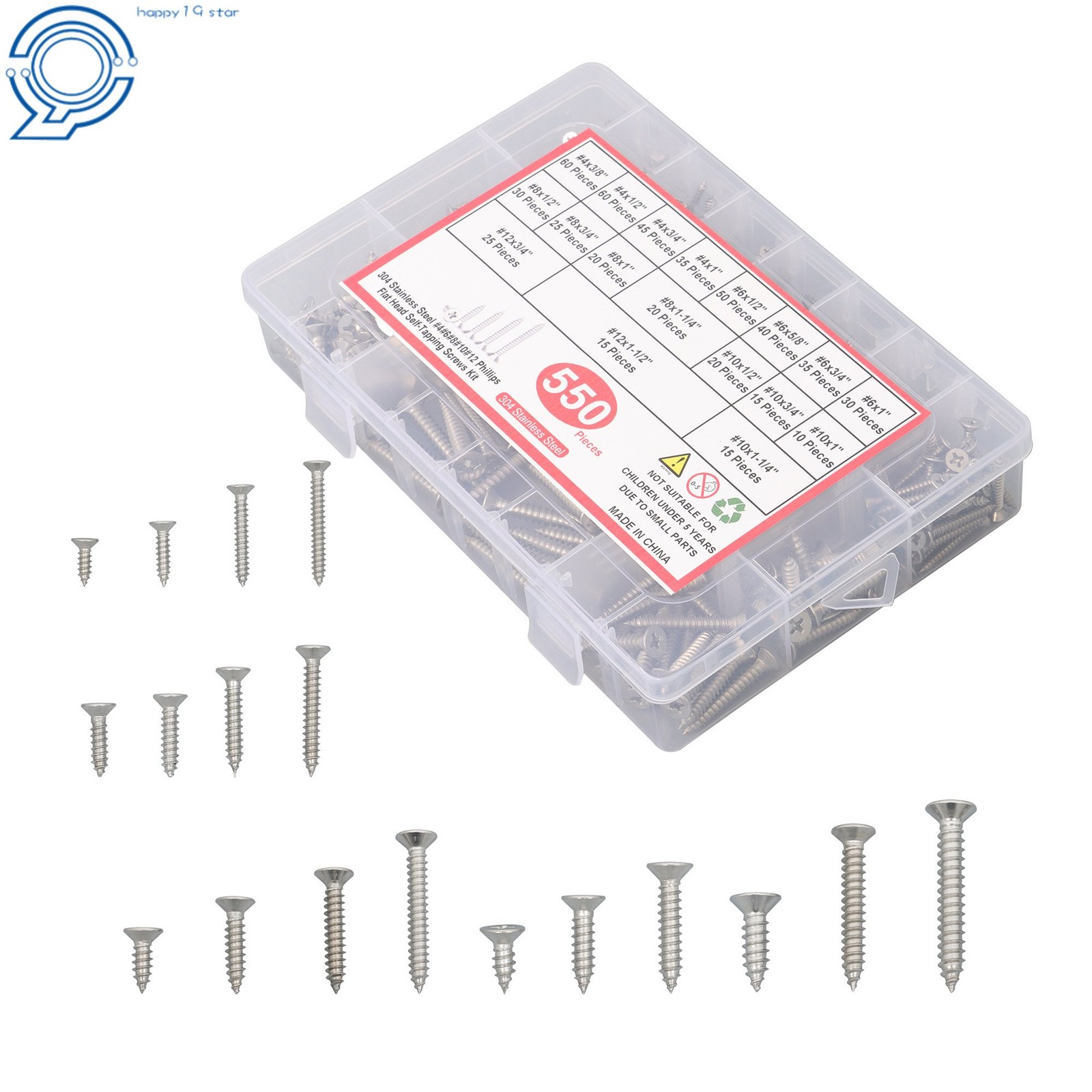 Phillips Flat Head Sheet Metal Screws, 550Piece 304 Stainless Steel Assortment