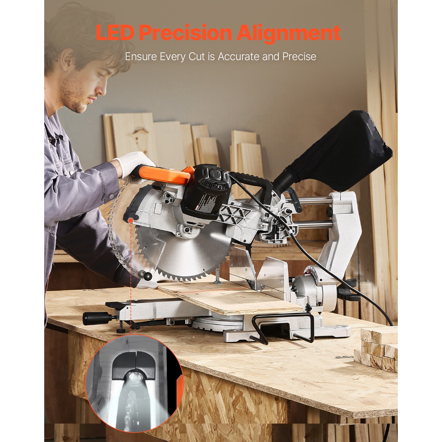 Uimoso 12-Inch Sliding Miter Saw with 15 Amp Motor, Dual Bevel, 60-Tooth Blade