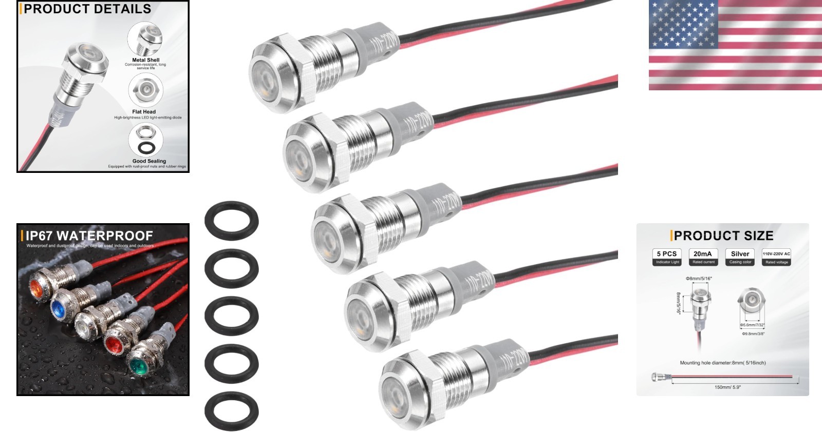 5 Pcs 8mm Nickel-Plated LED Indicator Light with 150mm Cable for 110V-220V