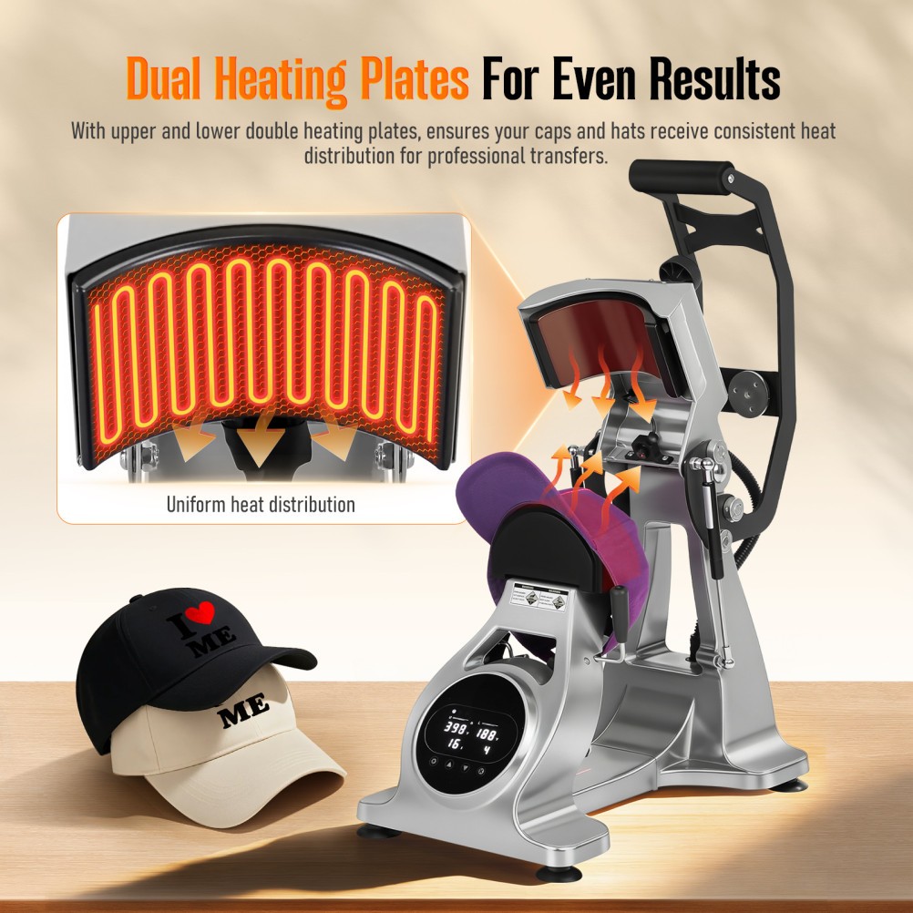 Dual Heater Hat Heat Press Semi-Auto Open Printing Cap Machine w/Laser Alignment