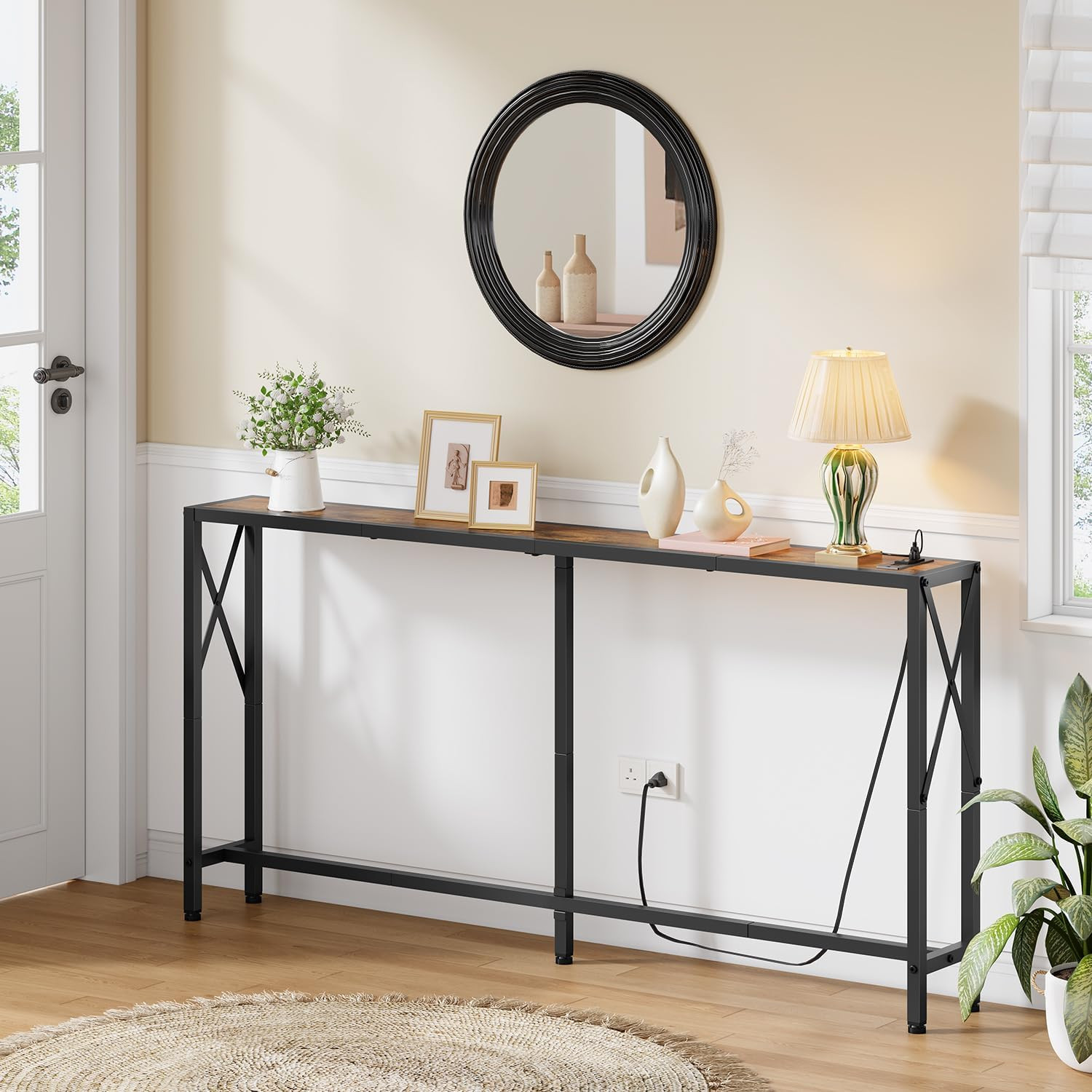 Narrow Console Table – 55.1″ Sofa Table behind Couch with Socket | Industrial St