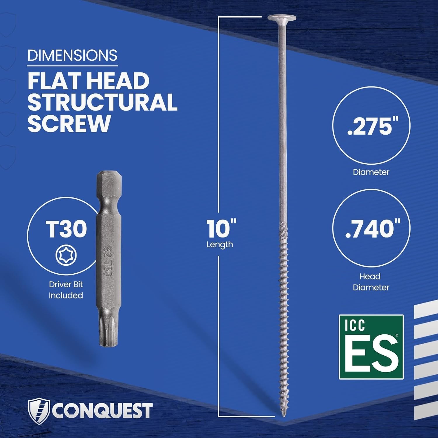 Conquest Structural Wood Screws – 50 Pack, 0.275″ x 10″ & Corrosion Resistant
