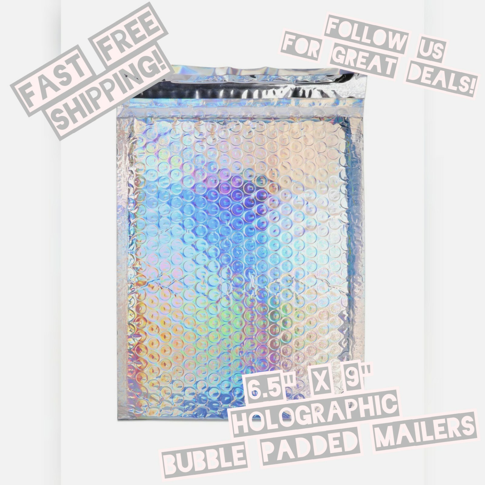 10 Lightweight Holographic 6.5×9 Self-Seal Poly Bubble Mailer Silver Envelopes