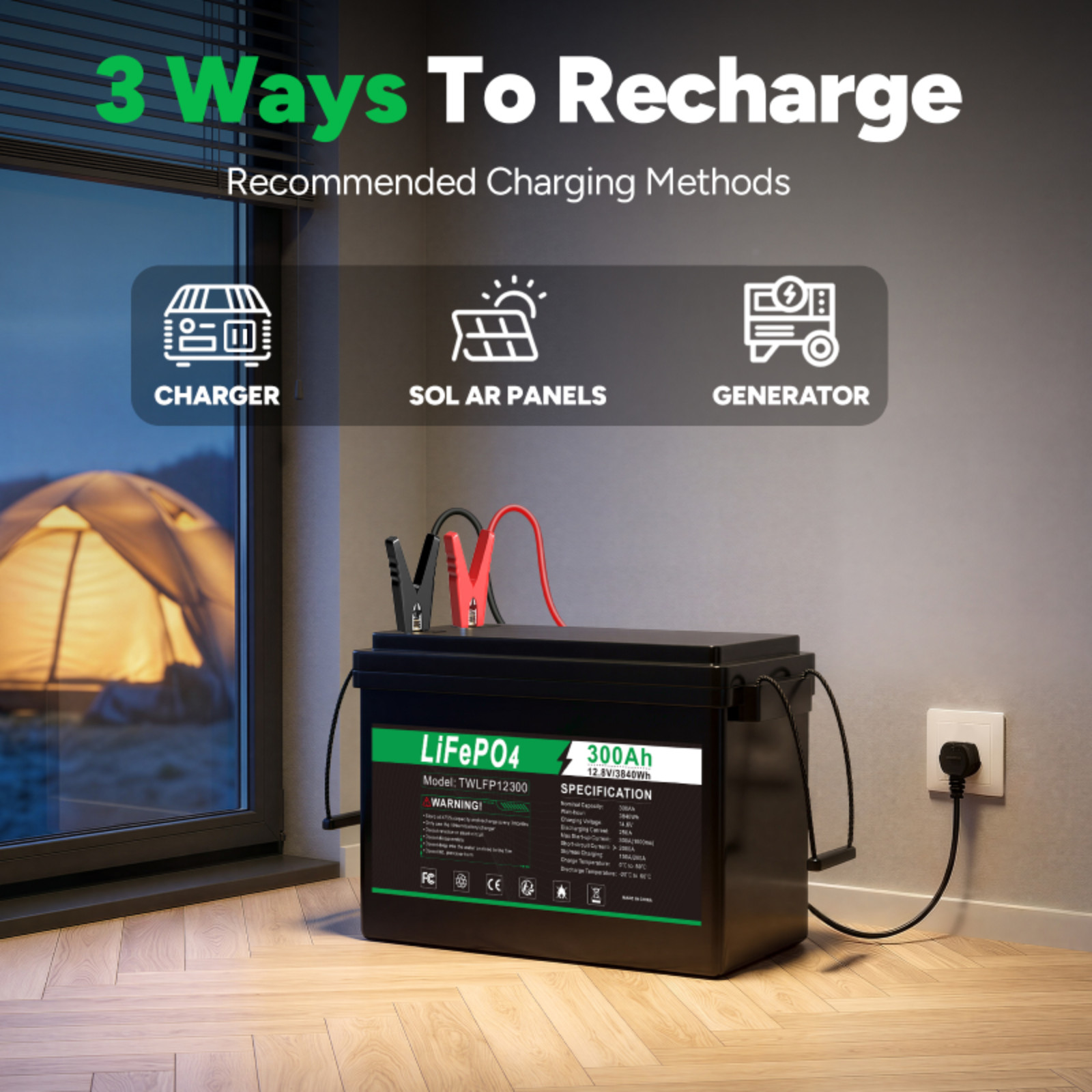 12V 300Ah LiFePO4 Lithium Battery Deep Cycle Built-in BMS for Solar RV Off-Grid