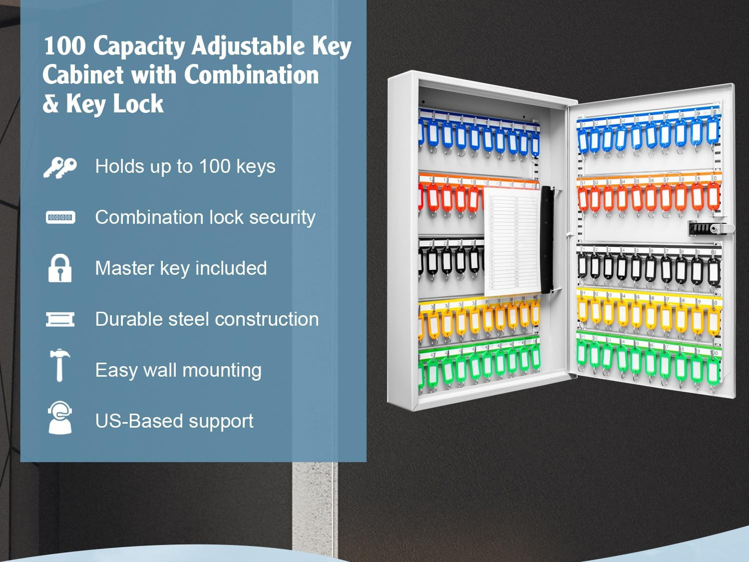 100 Position Combination Key Lock Box – Wall Mount Steel Key Cabinet with Adjust