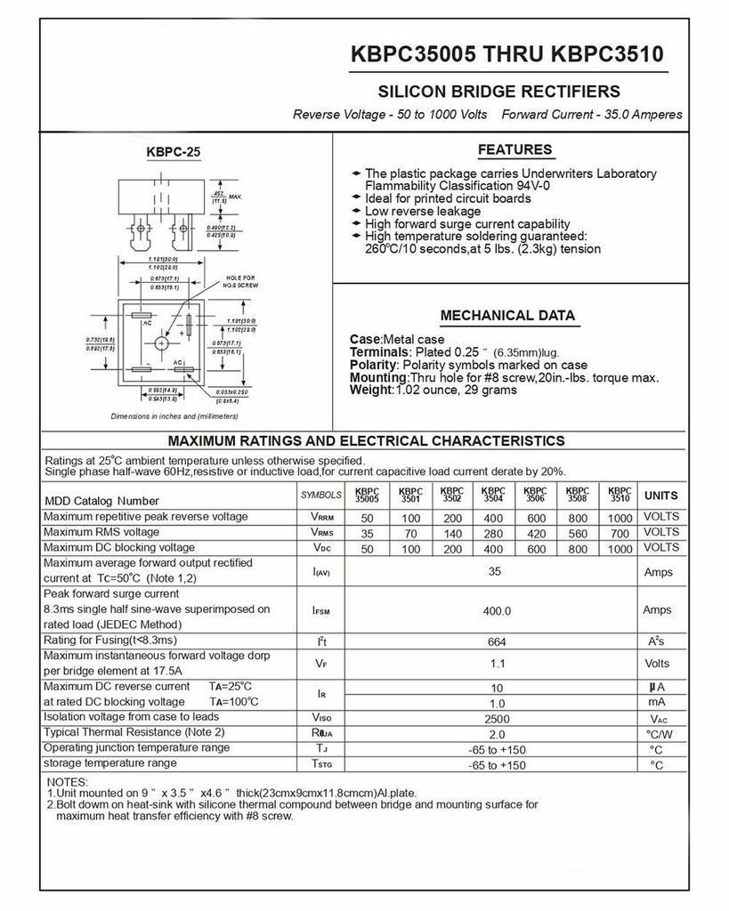KBPC3510 Diode Bridge Rectifier Single Phase Metal Case 1000V 35A KBPC-3510 USA