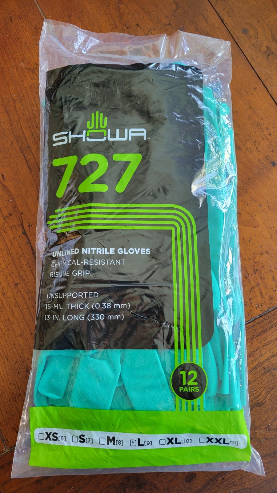 SHOWA® Nitril Green 727 Chemical Resistant Gloves – 12 pair per package