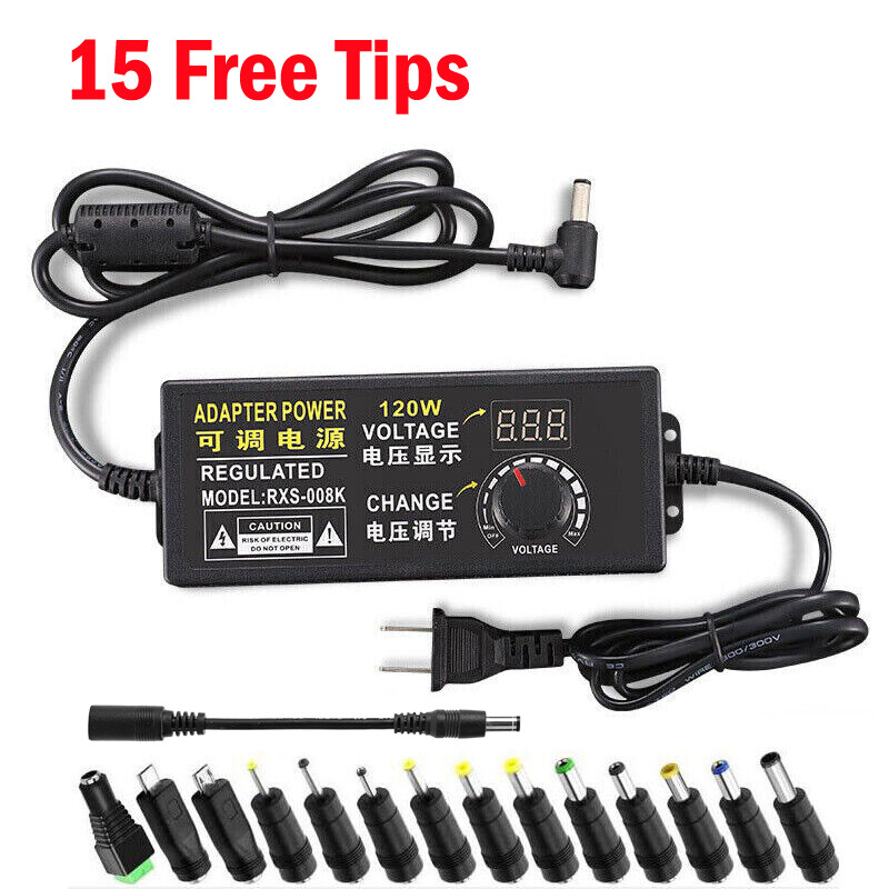 9V-24V 5A 120W Adjustable Voltage Power Supply Adapter Transformer with 15 Plugs
