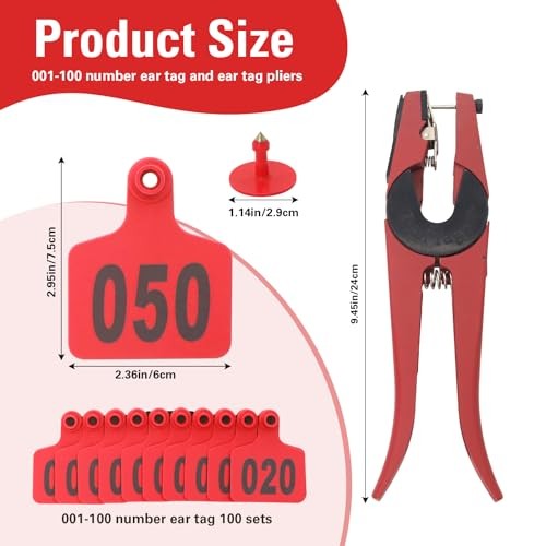 Red 001 100 Cattle Ear Tags Applicator Set